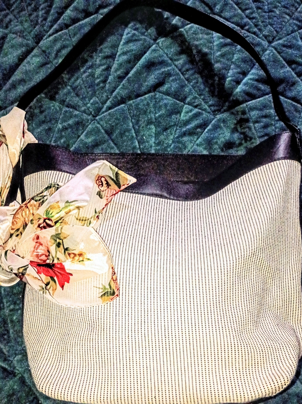 Old Navy Striped Cream and Black Shoulder Bag with Floral Scarf Accent
